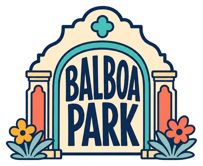 Retro sticker of the Balboa Park arch with blue lettering and floral accents