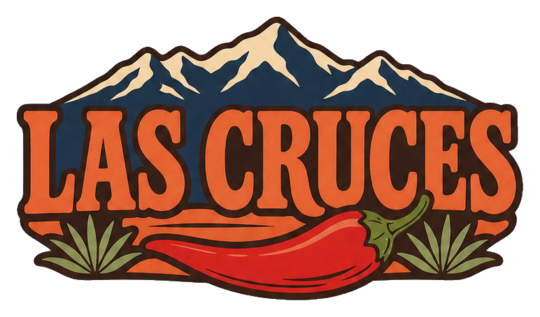 Orange Las Cruces text with a red chile and mountain outline design