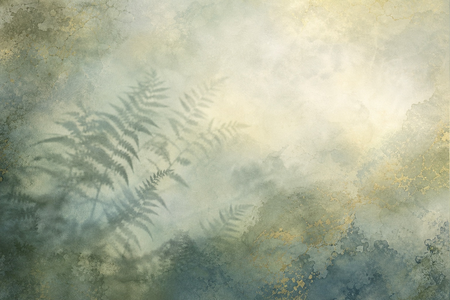 Soft fern silhouettes fading through a misty organic green and beige background.