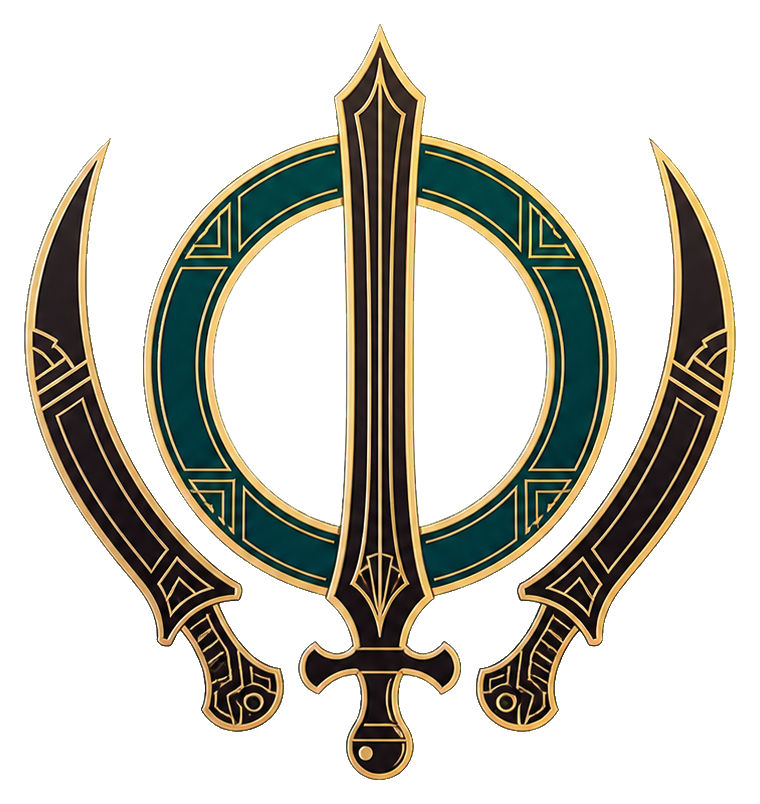 Gold art deco khanda symbol with a circular emblem and vertical sword design