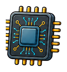 Blue circuit chip with yellow connector pins and glowing circuit lines