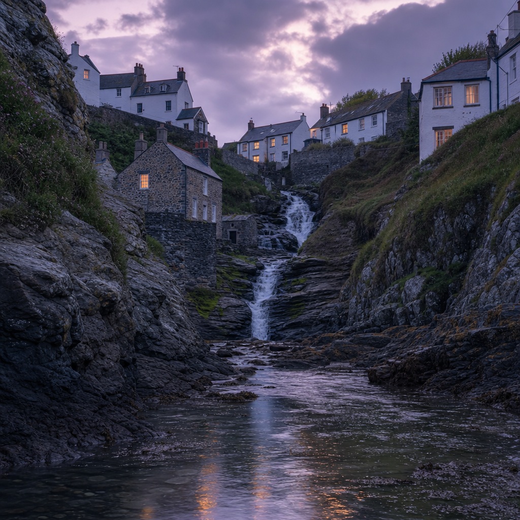Houses on a rocky coastal inlet at blue hour with water reflections.