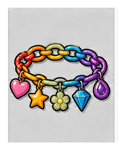 Rainbow linked charm bracelet with heart, star, clover, and gem pendants on black background