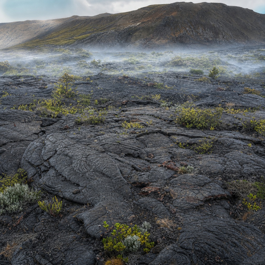 Dark cooled lava field with sparse plants, thin mist, and distant volcanic hills.