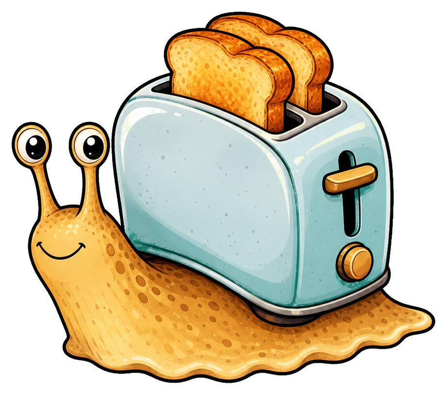 A wacky snail with eye stalks beside a two-slice toaster graphic.