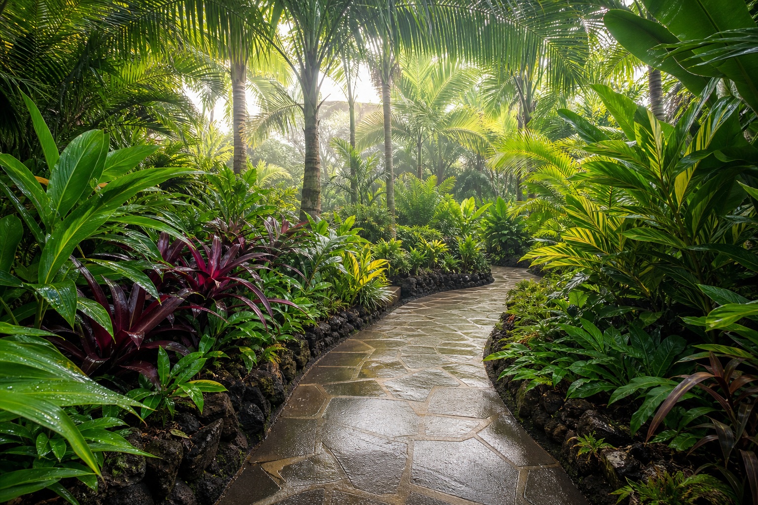 Preview for Morning Dew Tropical Palm Walk Stock Background