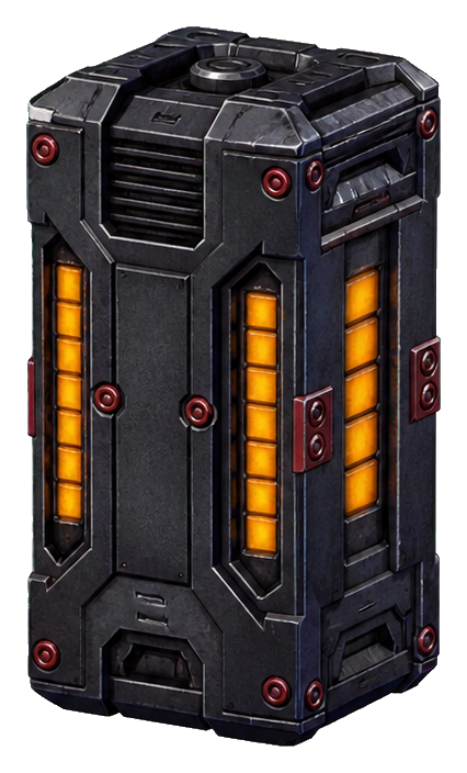Dark futuristic energy cell with glowing orange side panels and red metal details