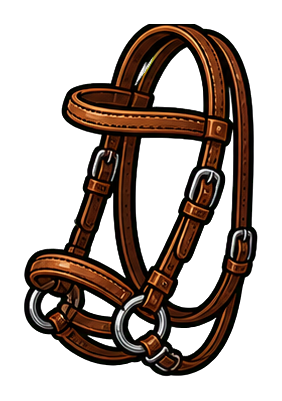 Illustration of a brown horse bridle with metal buckles and rings