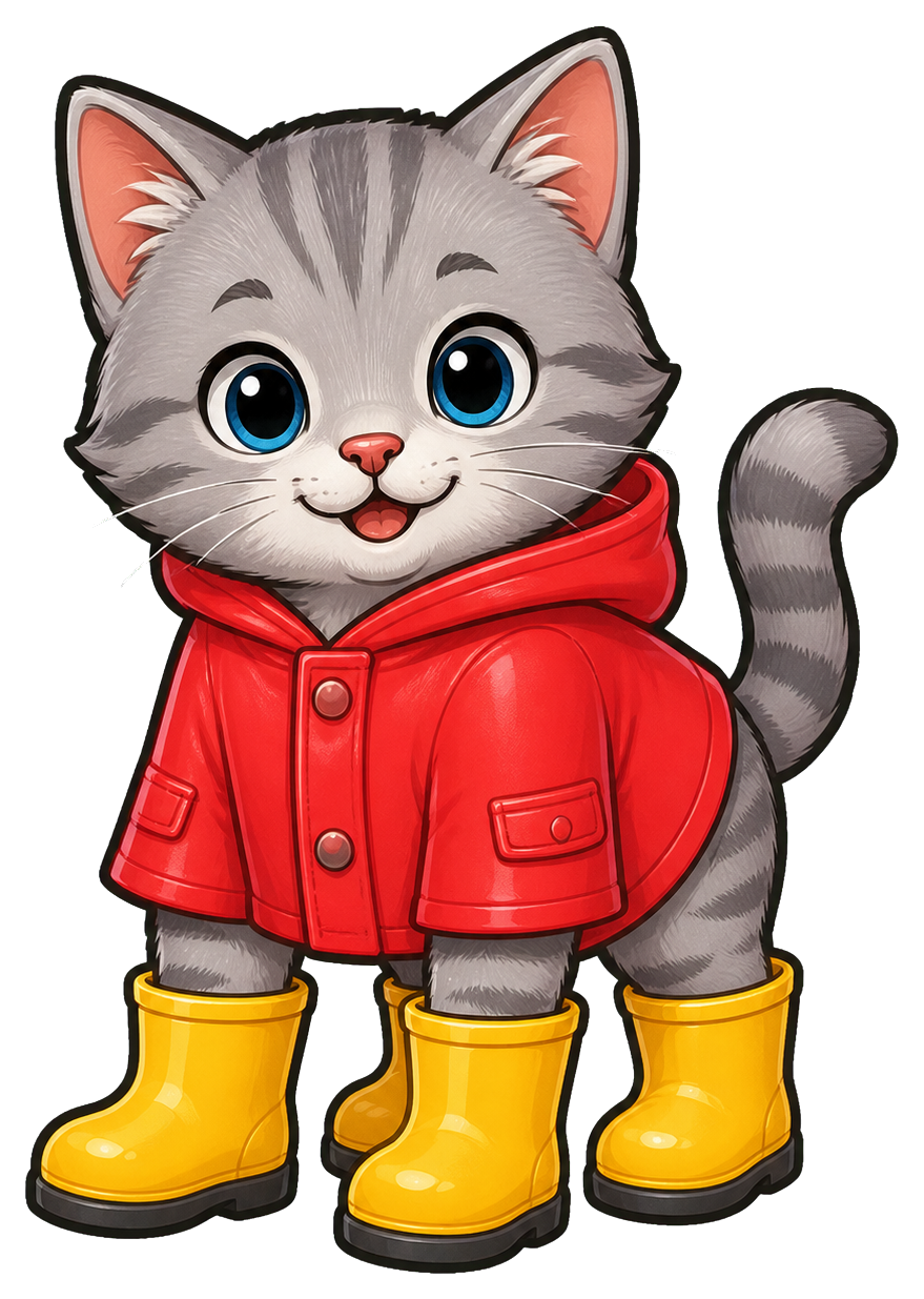 Gray cat wearing a red jacket and yellow rain boots