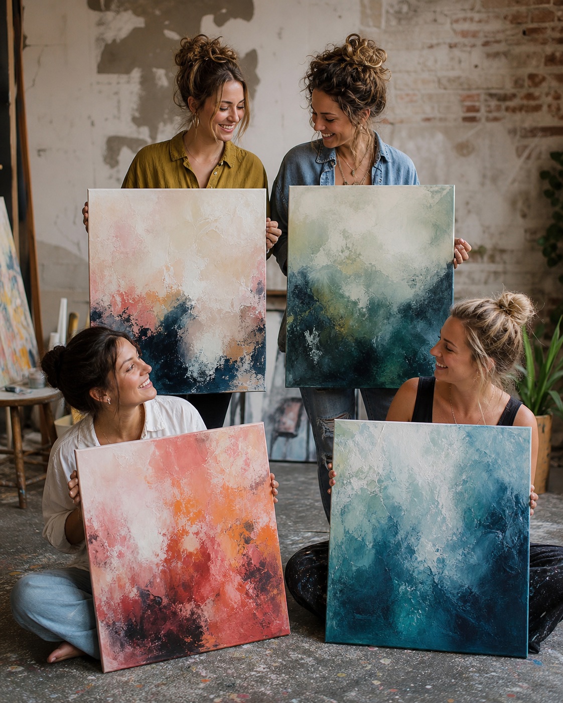 Four women holding colorful abstract canvases in a studio setting.
