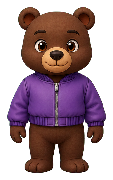 Cute brown bear wearing a purple bomber jacket, standing front facing.