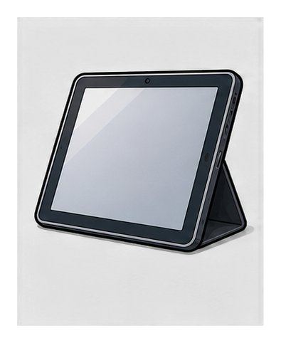 A blank tablet with a dark frame and angled stand on a transparent background.