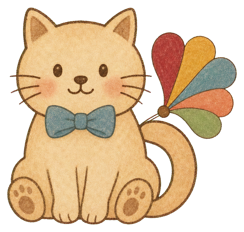 Cream cat sticker with a blue bow tie and colorful confetti tail accents