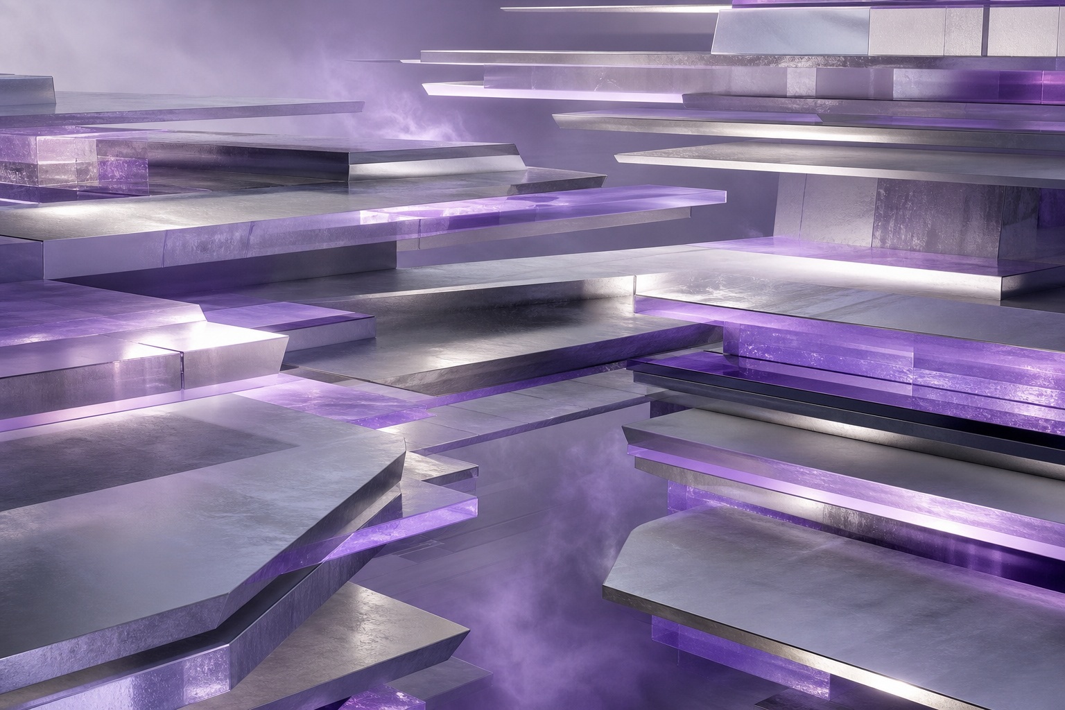 Layered violet chrome terraces in a futuristic architectural scene
