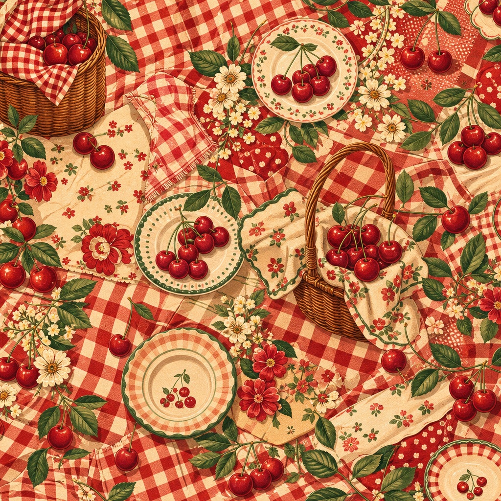 Retro picnic pattern with cherries, gingham cloth, plates, and summer fruit motifs