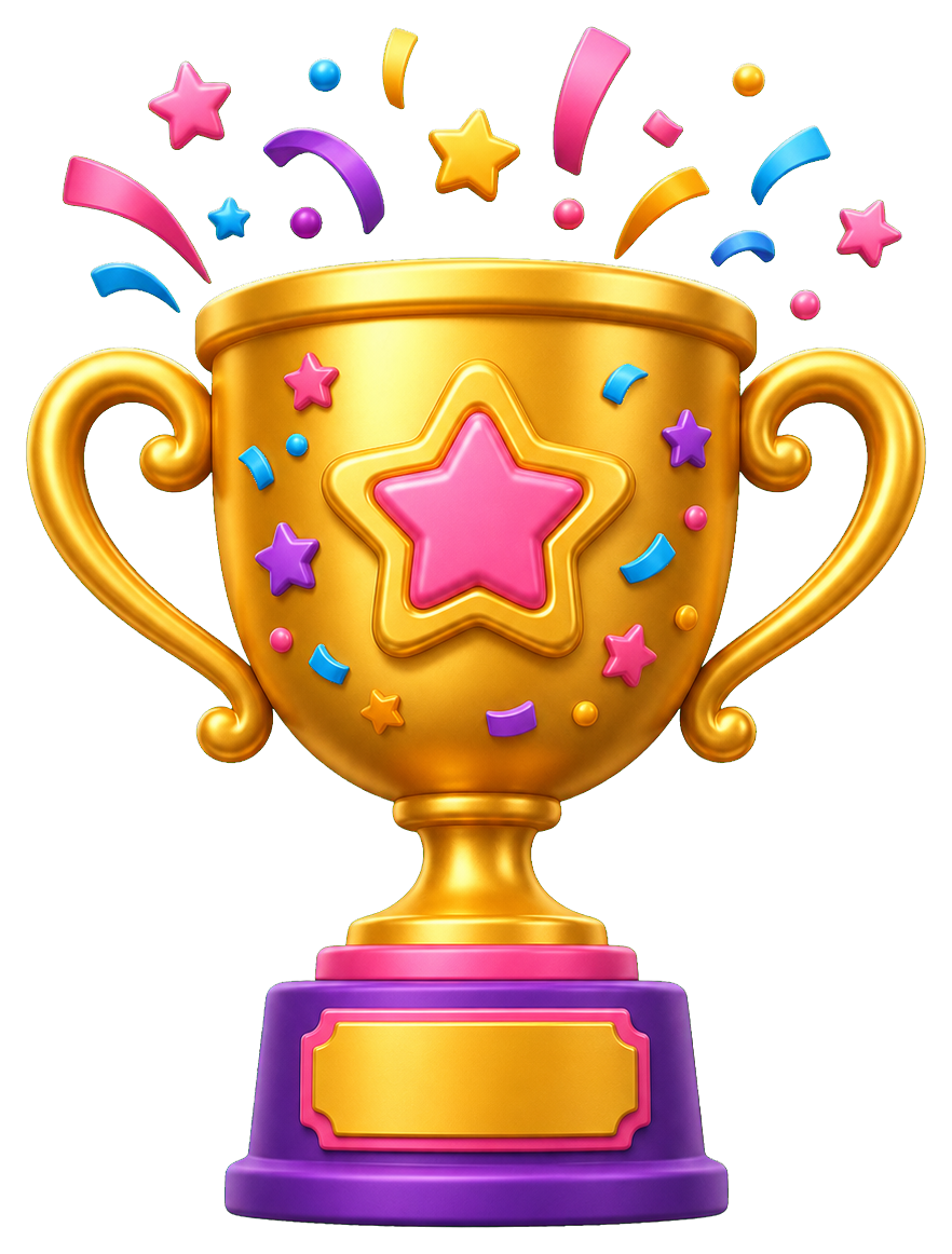 Gold trophy with a pink star and colorful confetti accents on a purple base.