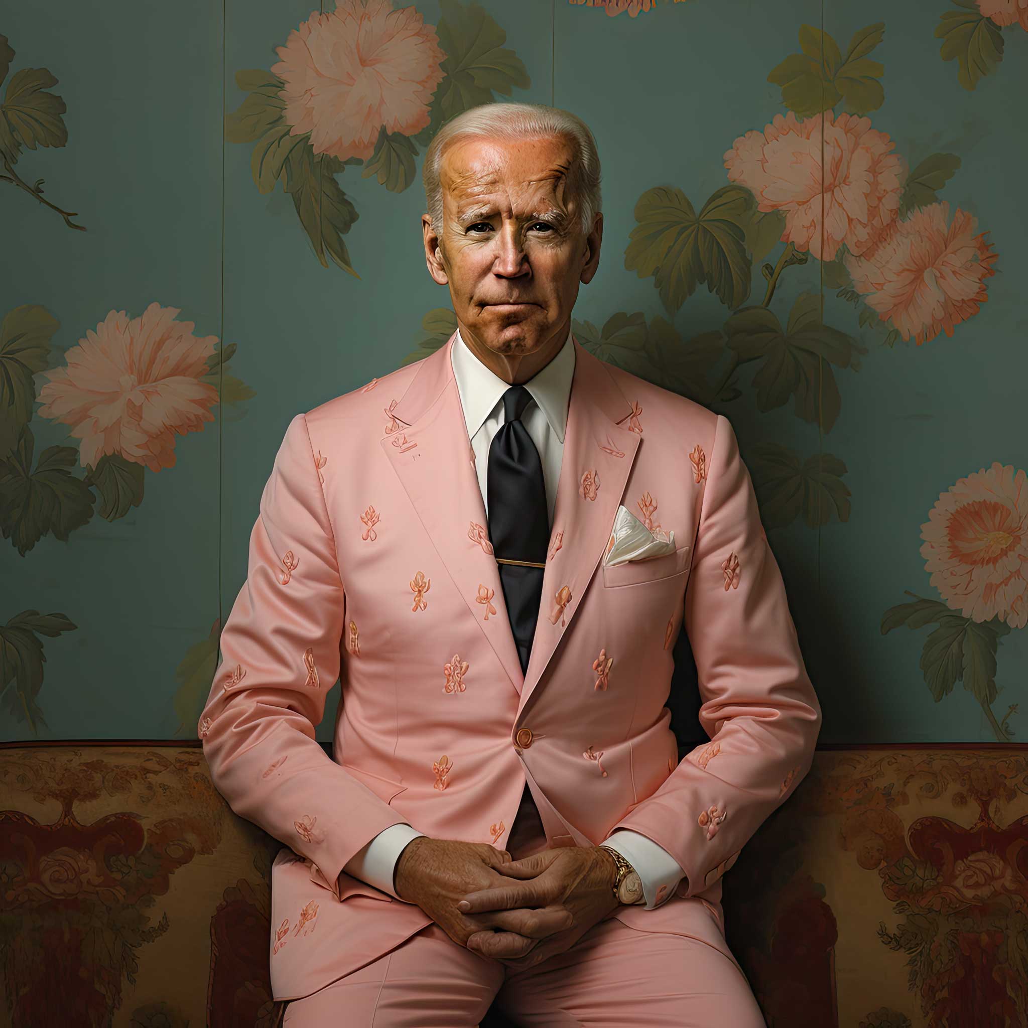 A man in a pink suit seated against a patterned floral wall.