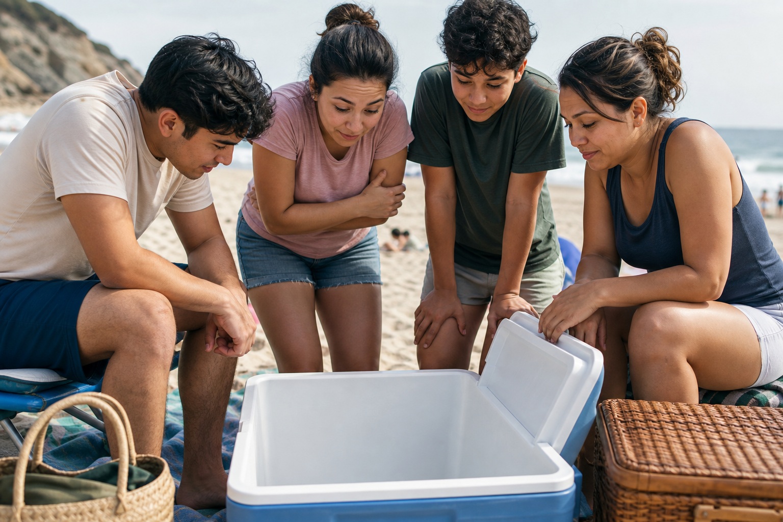 Four friends sit around an empty cooler at a beach picnic.