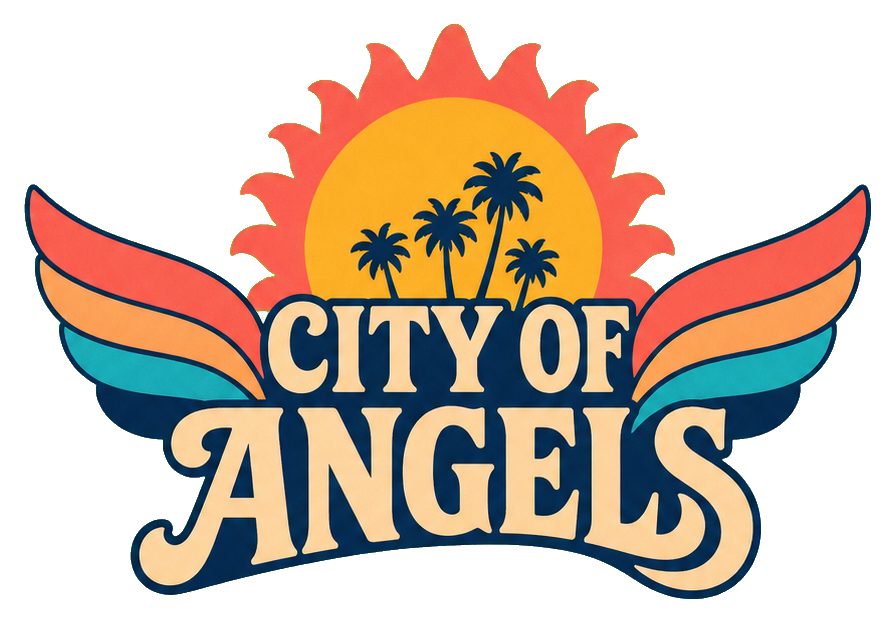 Retro City of Angels text with orange sunburst, palm trees, and colorful wings