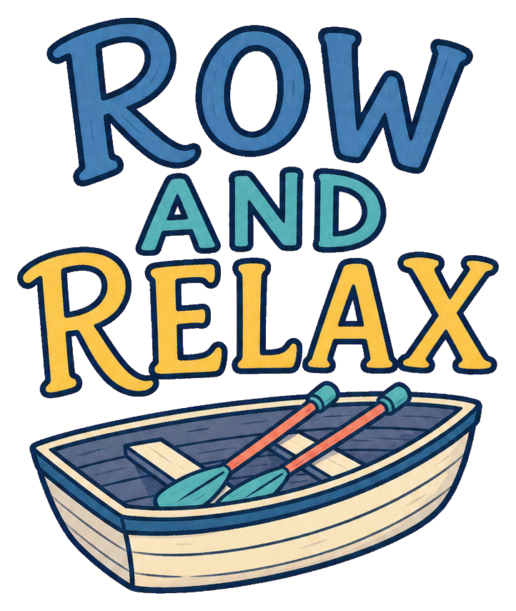 Hand lettered Row and Relax text above a rowboat illustration.