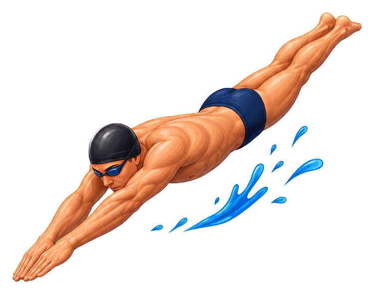 Illustrated diver swimming forward in a streamlined pose with blue splash accents