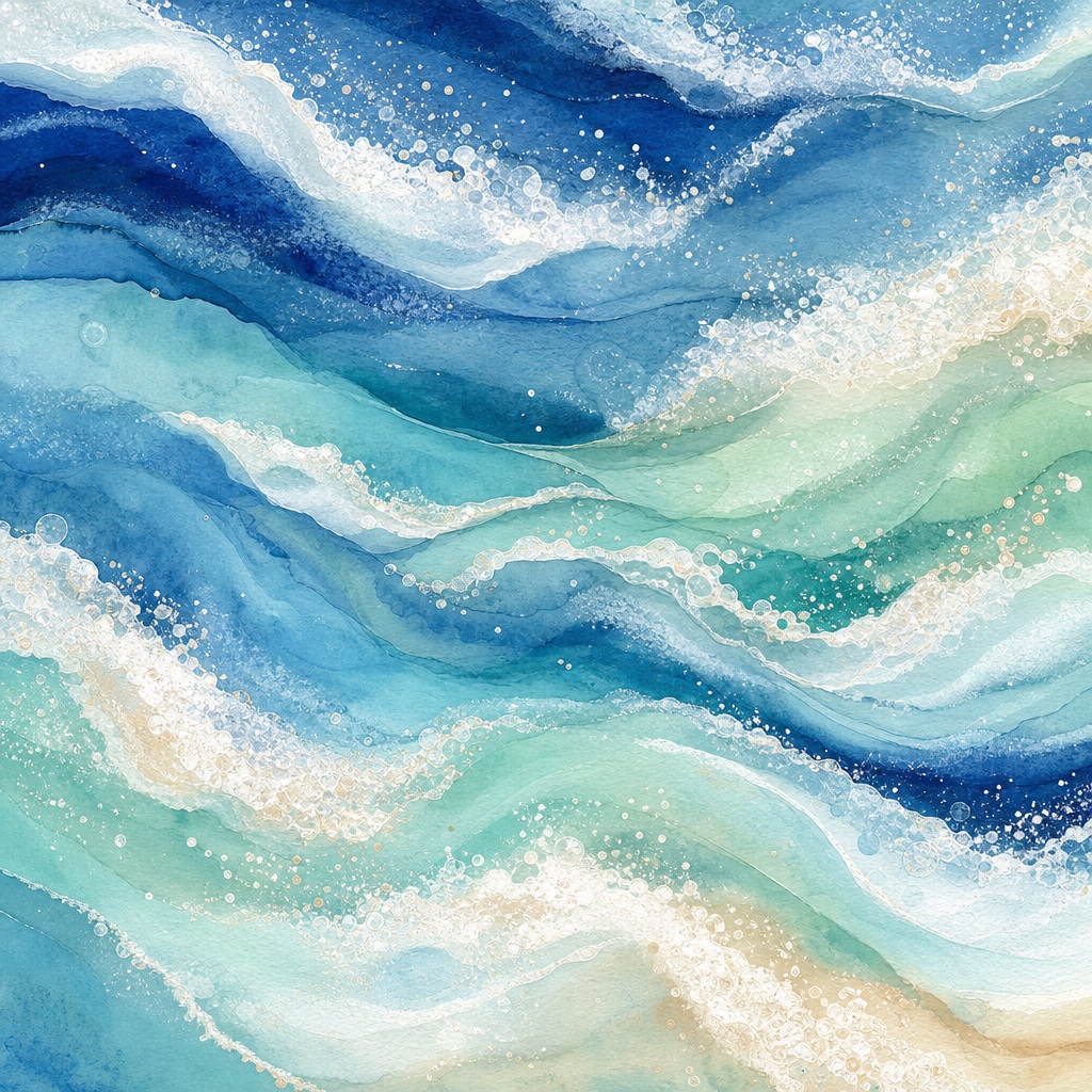 Abstract watercolor ocean waves in blue, teal, and pearlescent cream tones
