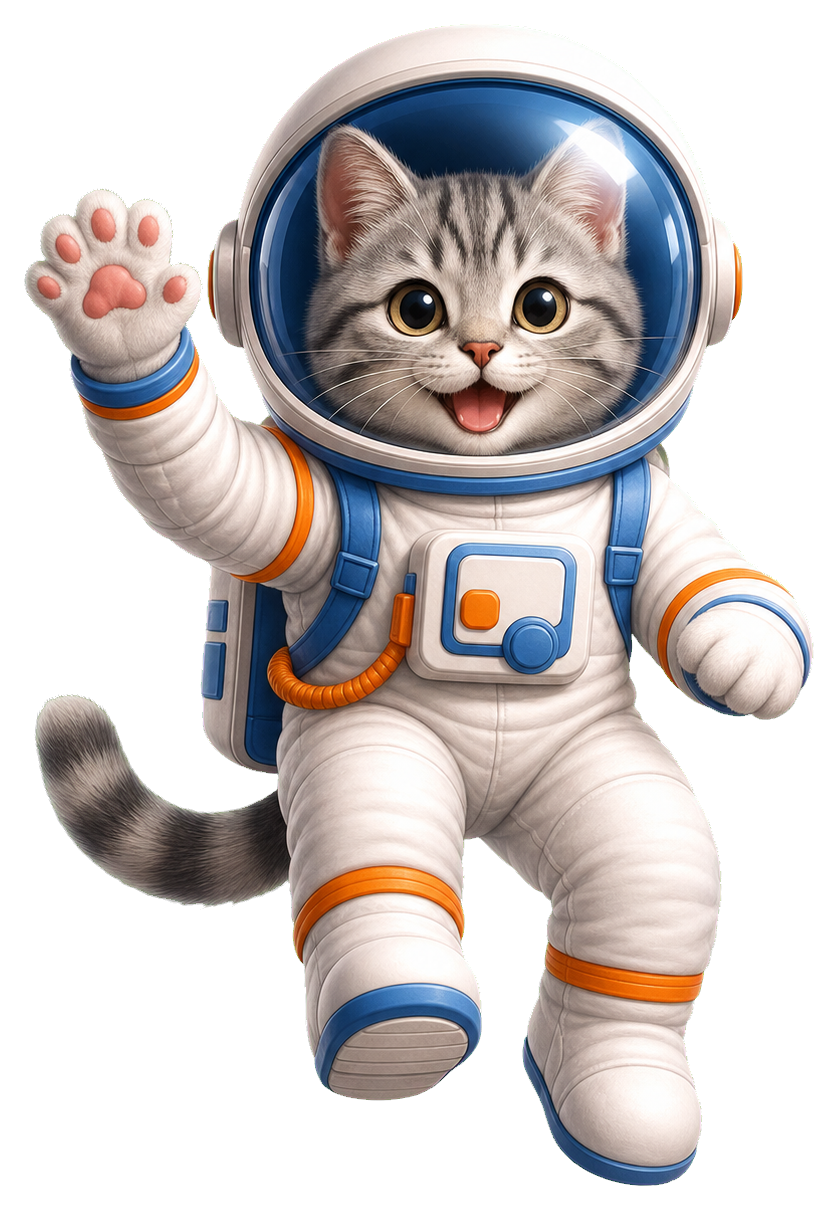 A smiling cat in an astronaut suit waving a paw