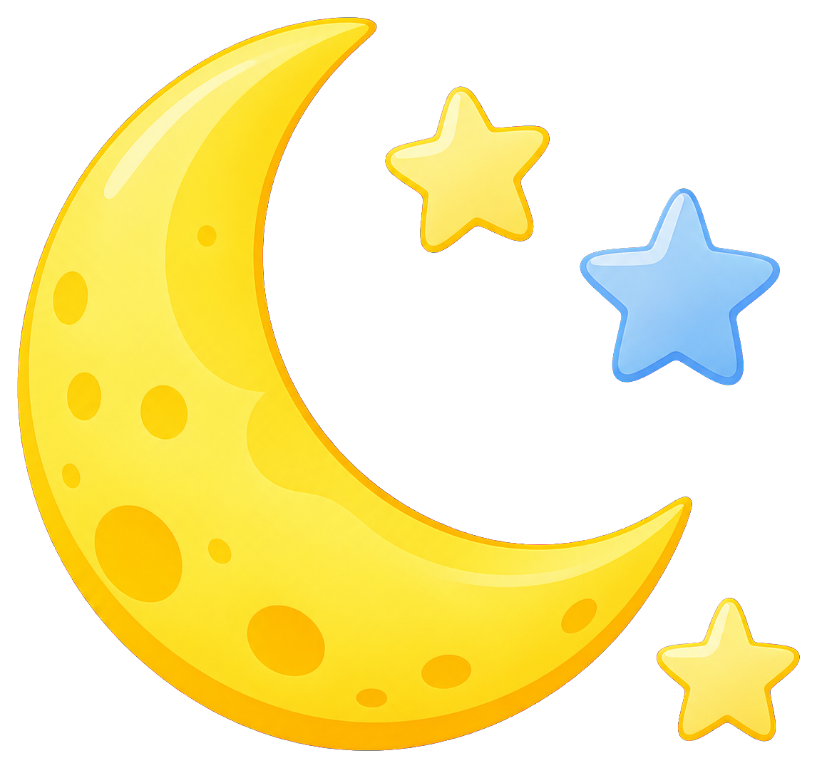 Yellow crescent moon with three small stars on a transparent background.