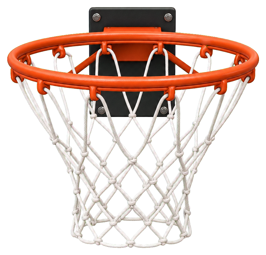 Orange basketball rim with white net hanging below it