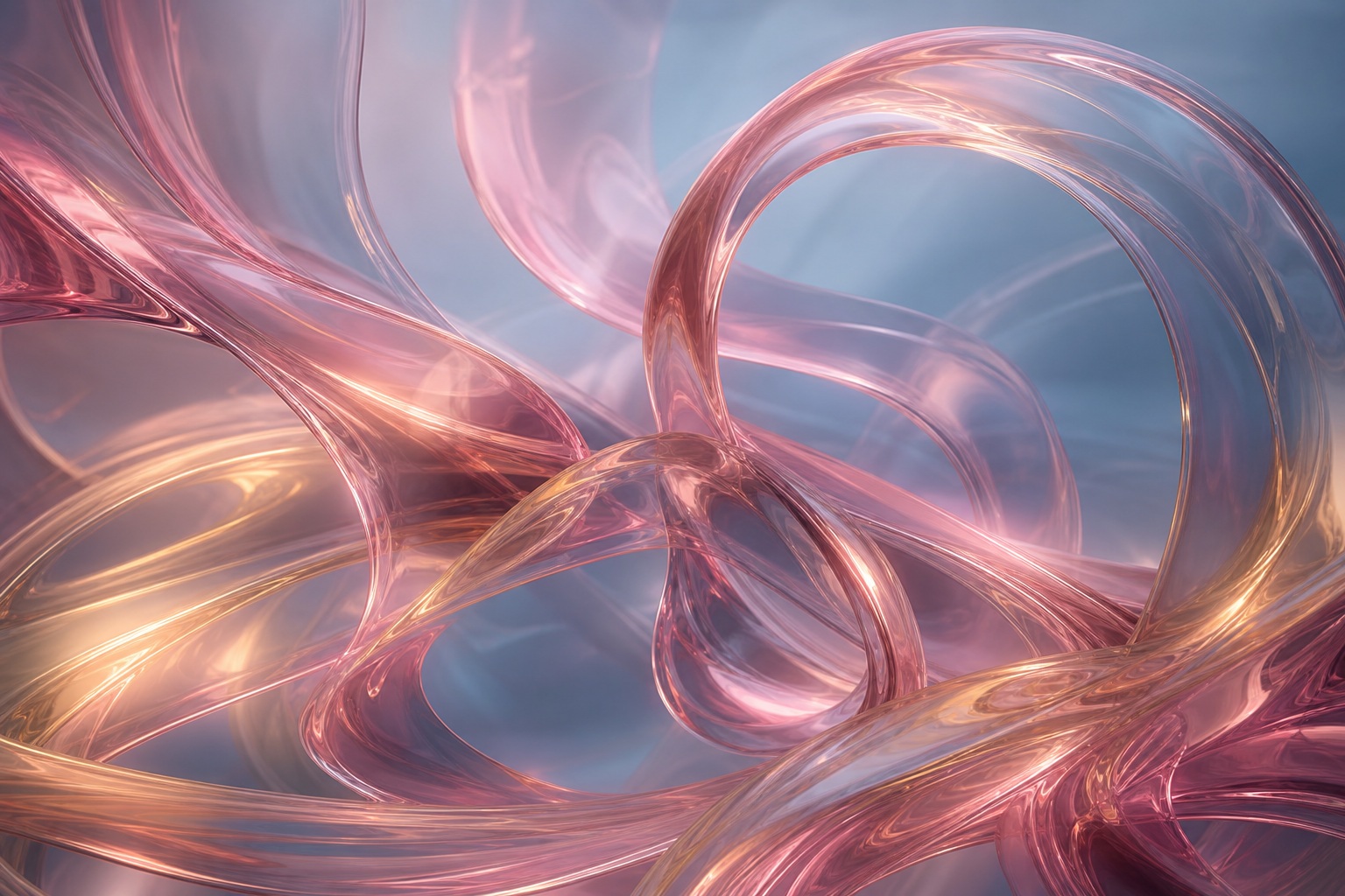 Translucent rose-colored glass loops with soft light and flowing abstract shapes.