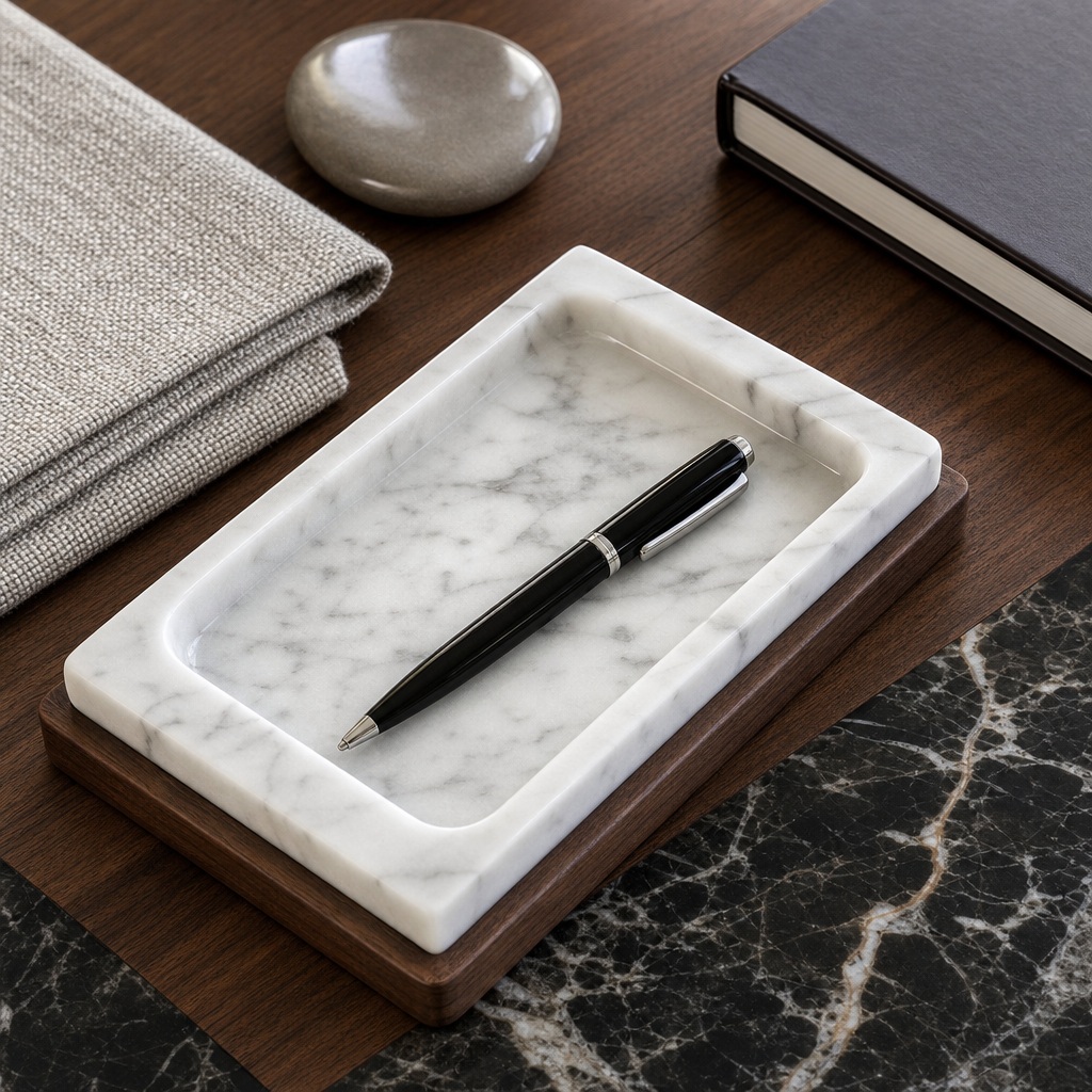 Pen resting in a marble tray on a wooden desk with notebook and office objects