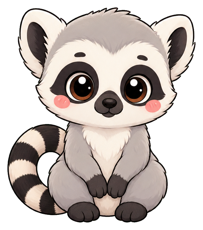 Cute pastel-style lemur sitting with big eyes and a curled striped tail.