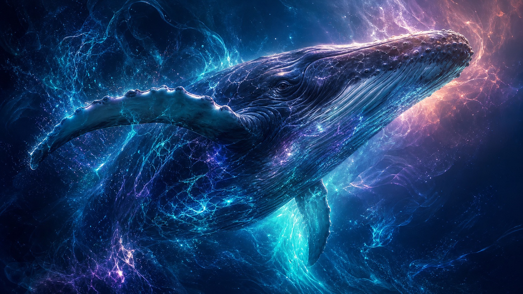 Glowing humpback whale swimming through a dark ultraviolet ocean with bright light trails.