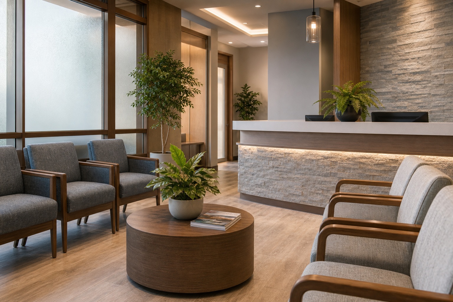 Modern clinic waiting room with chairs, plants, and a stone reception area.
