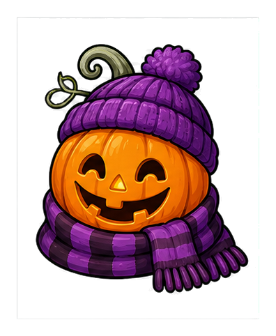 Smiling jack o lantern wearing a purple knit hat and scarf