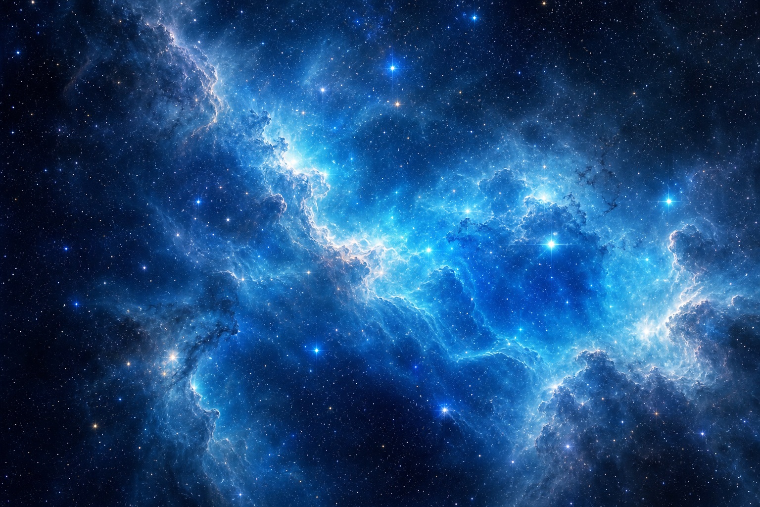 Blue nebula clouds with scattered bright stars in a deep space background