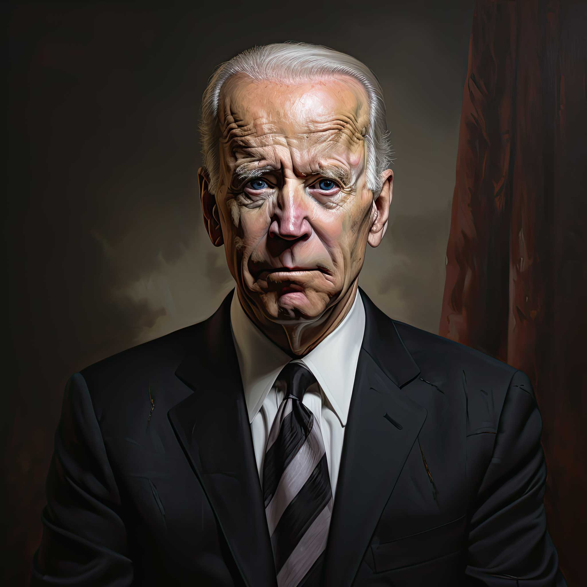 Formal portrait of Joe Biden in a dark suit against a moody background.
