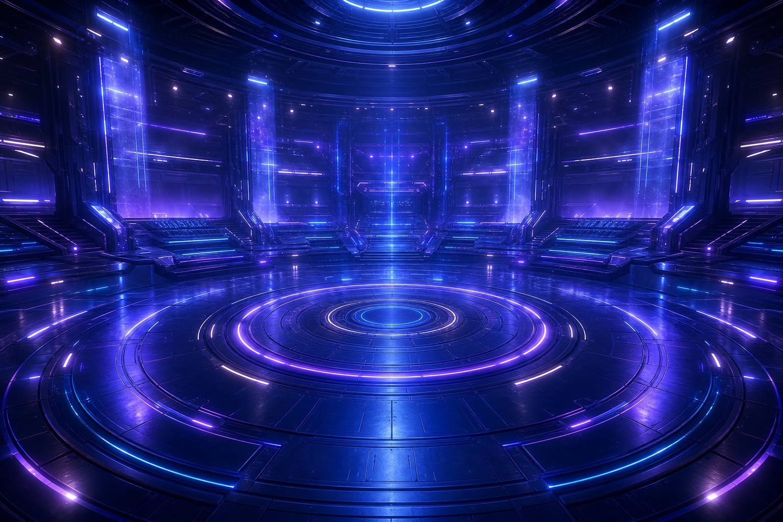 Glowing futuristic arena with a circular platform and purple blue neon lights