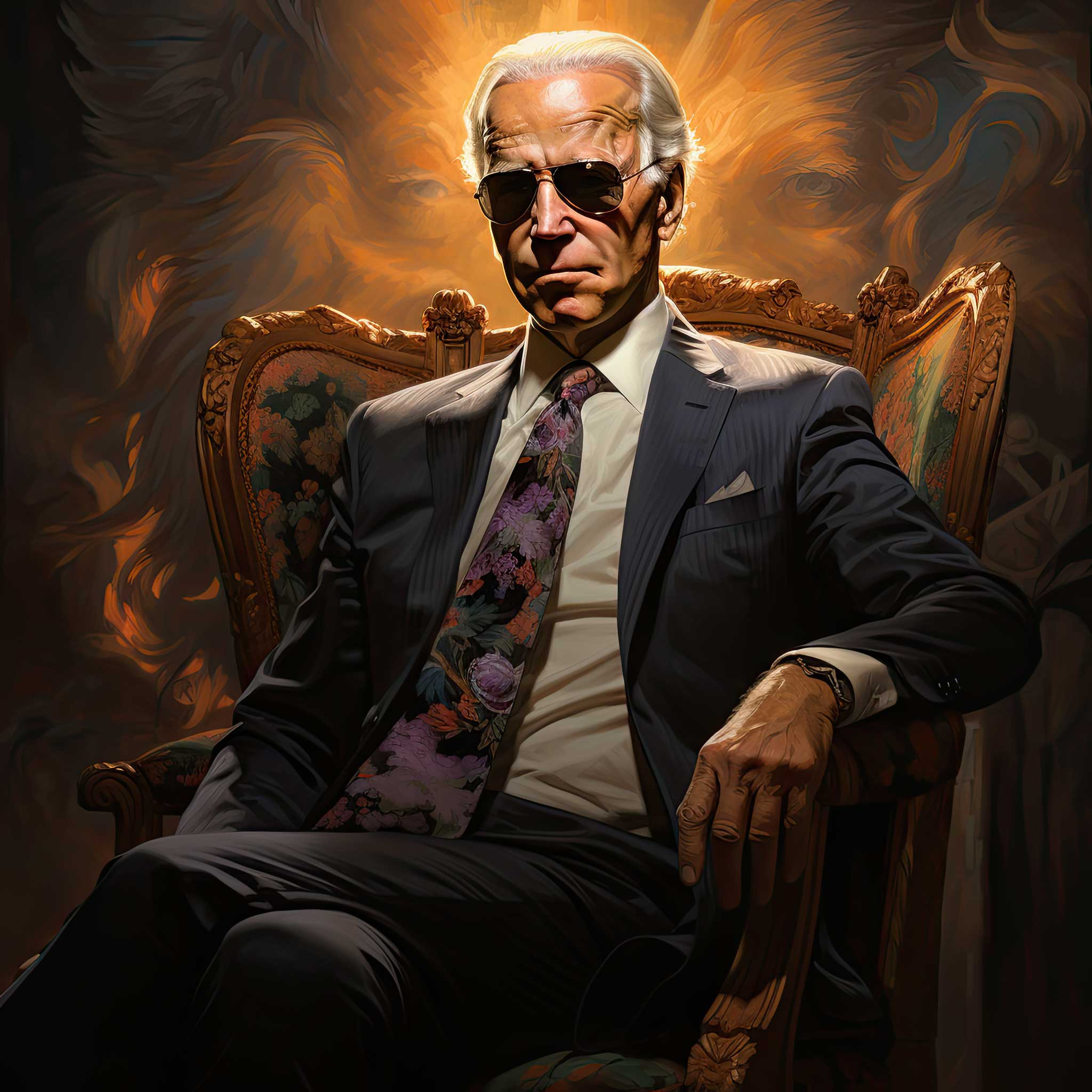 Older man in a suit sitting in an ornate chair with a dramatic dark background.