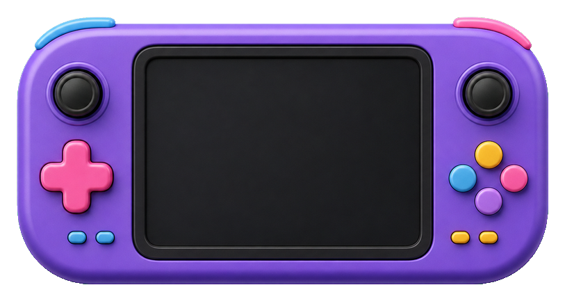 Purple blank handheld game console with colorful buttons and a dark screen