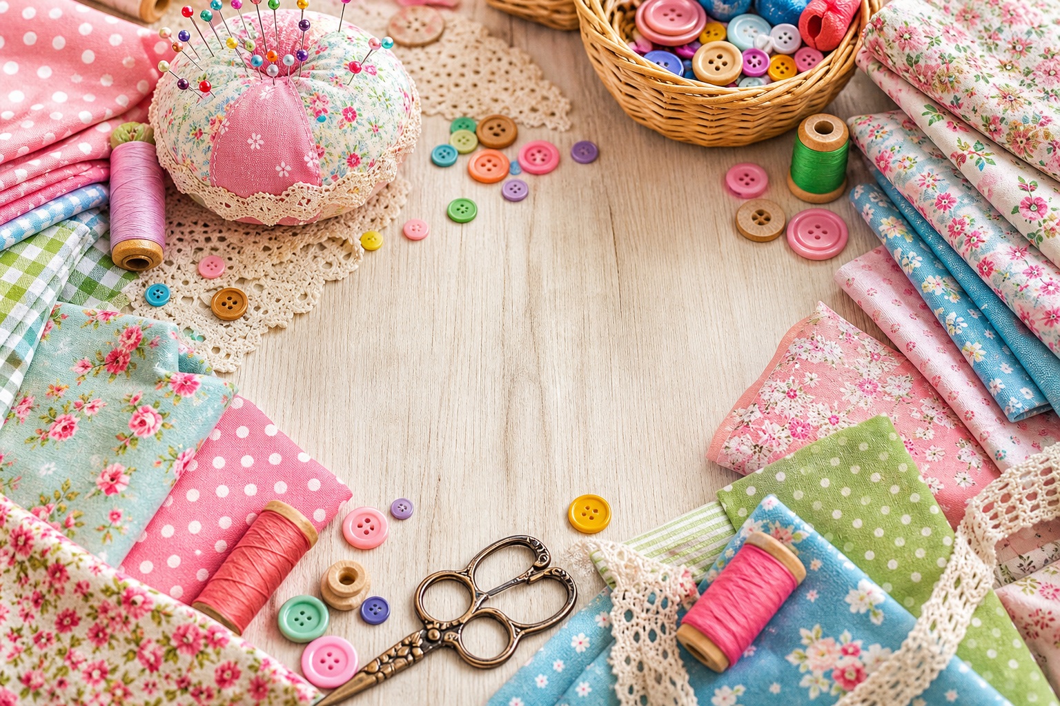 Colorful sewing supplies, fabric scraps, buttons, and pincushion arranged on a wooden desk.
