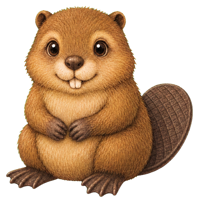 Cute smiling beaver sitting with front paws together and a fluffy tail
