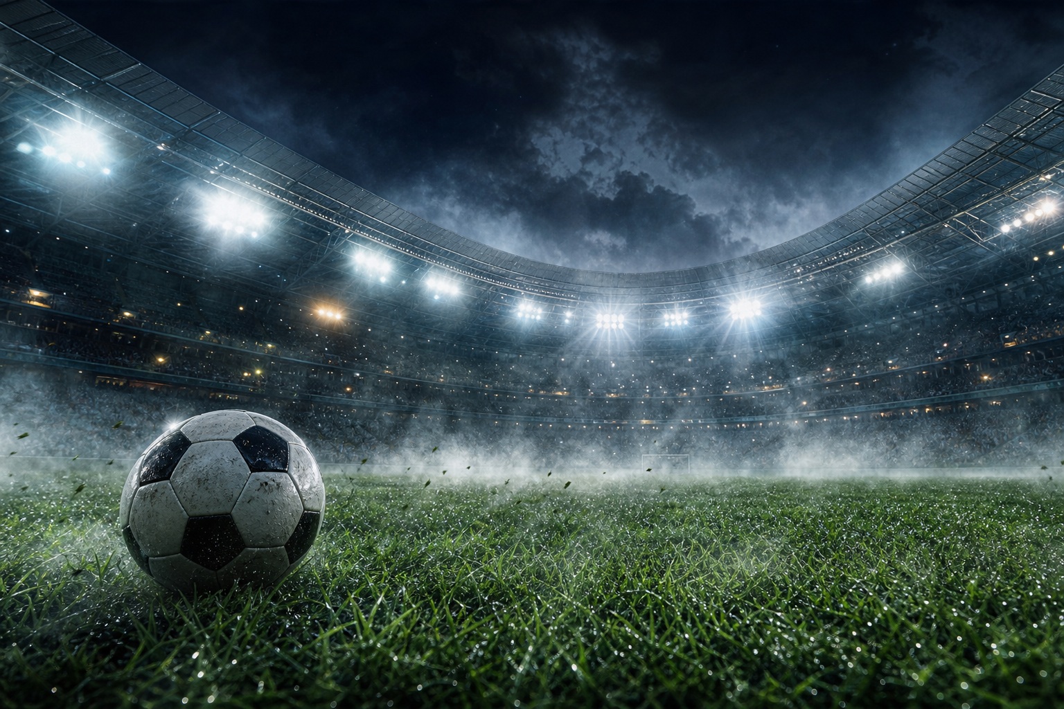 Soccer ball on turf in a floodlit stadium at night