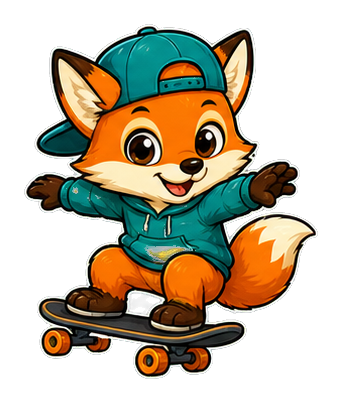 Cartoon fox wearing a teal outfit riding a skateboard.