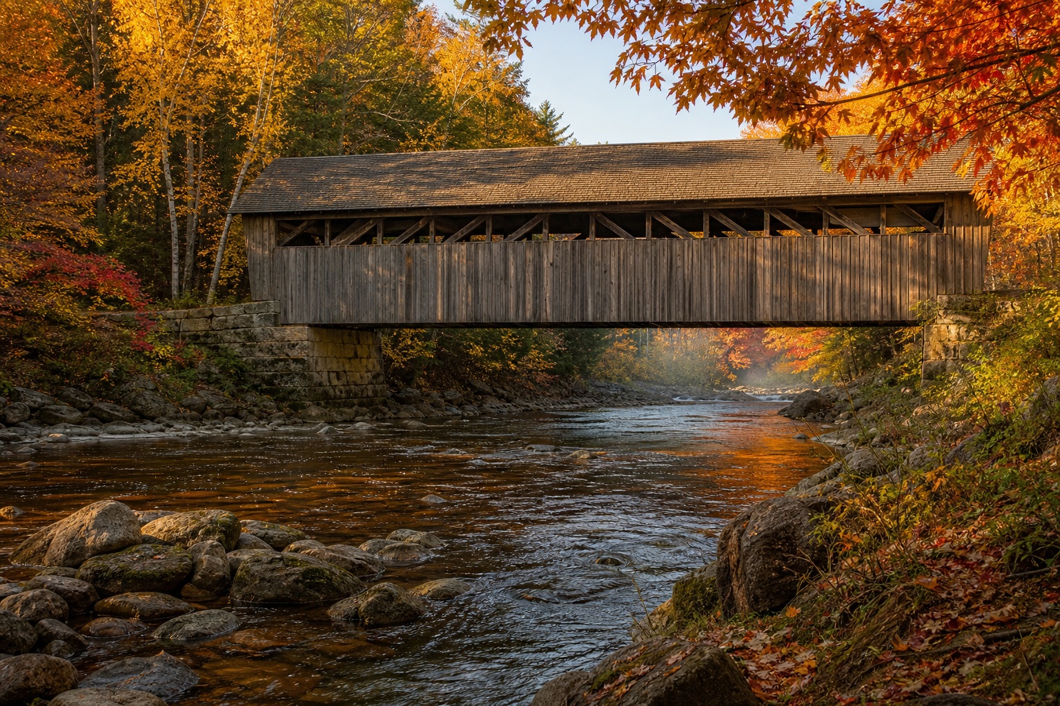 Covered bridge over a river surrounded by autumn trees in warm golden light.