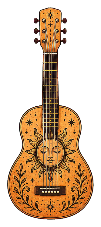 Orange acoustic guitar with a sun face and decorative folk art details