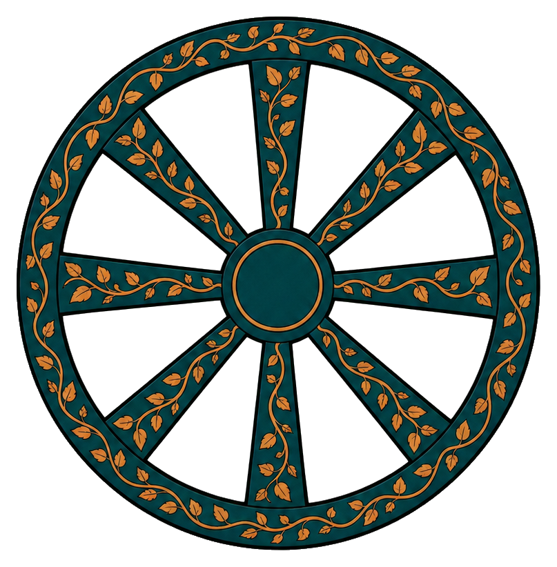 Circular dharma wheel with teal spokes and orange botanical inlay details on a dark background