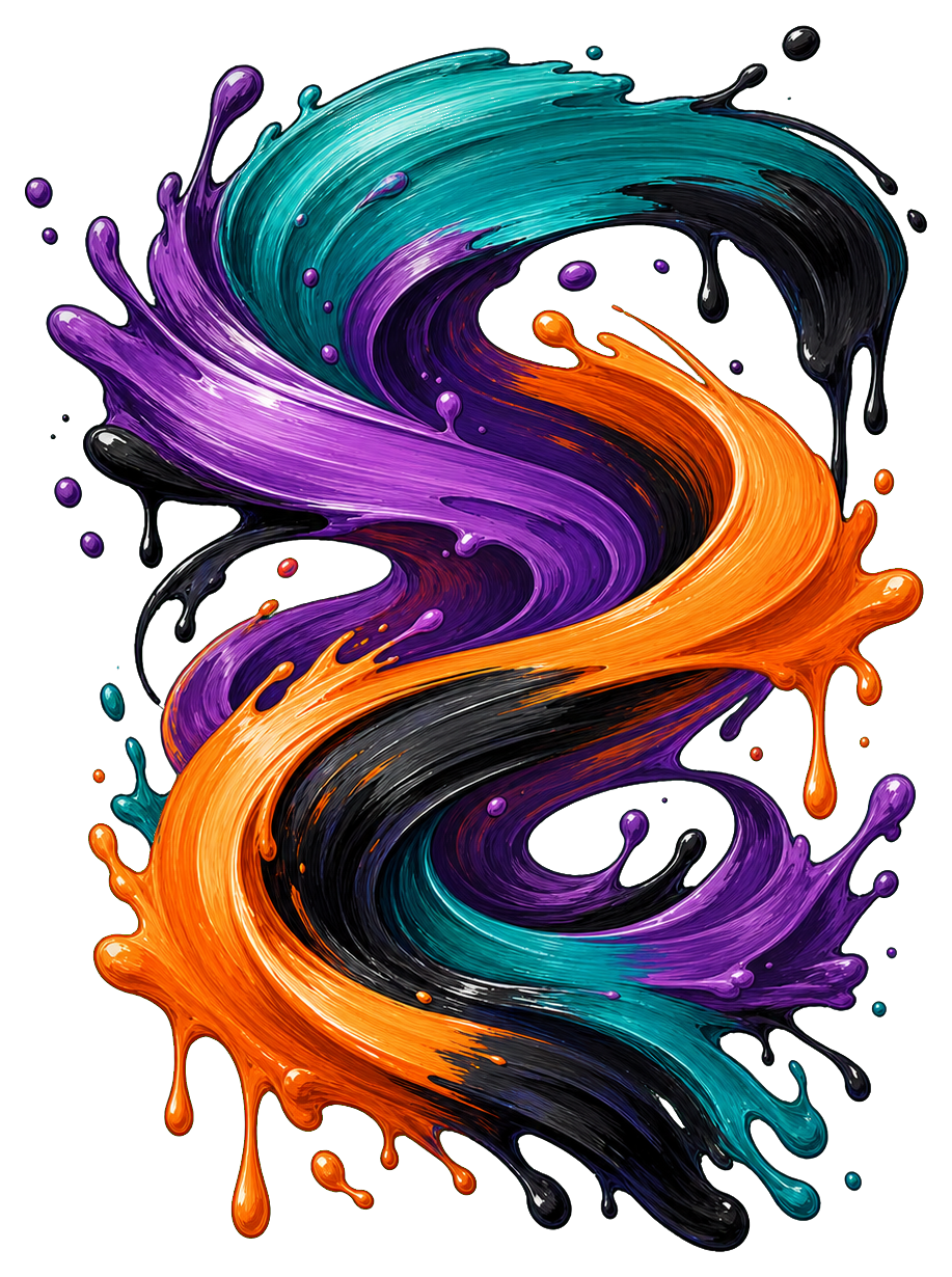 Colorful swirling paint ribbon in purple, orange, teal, and black