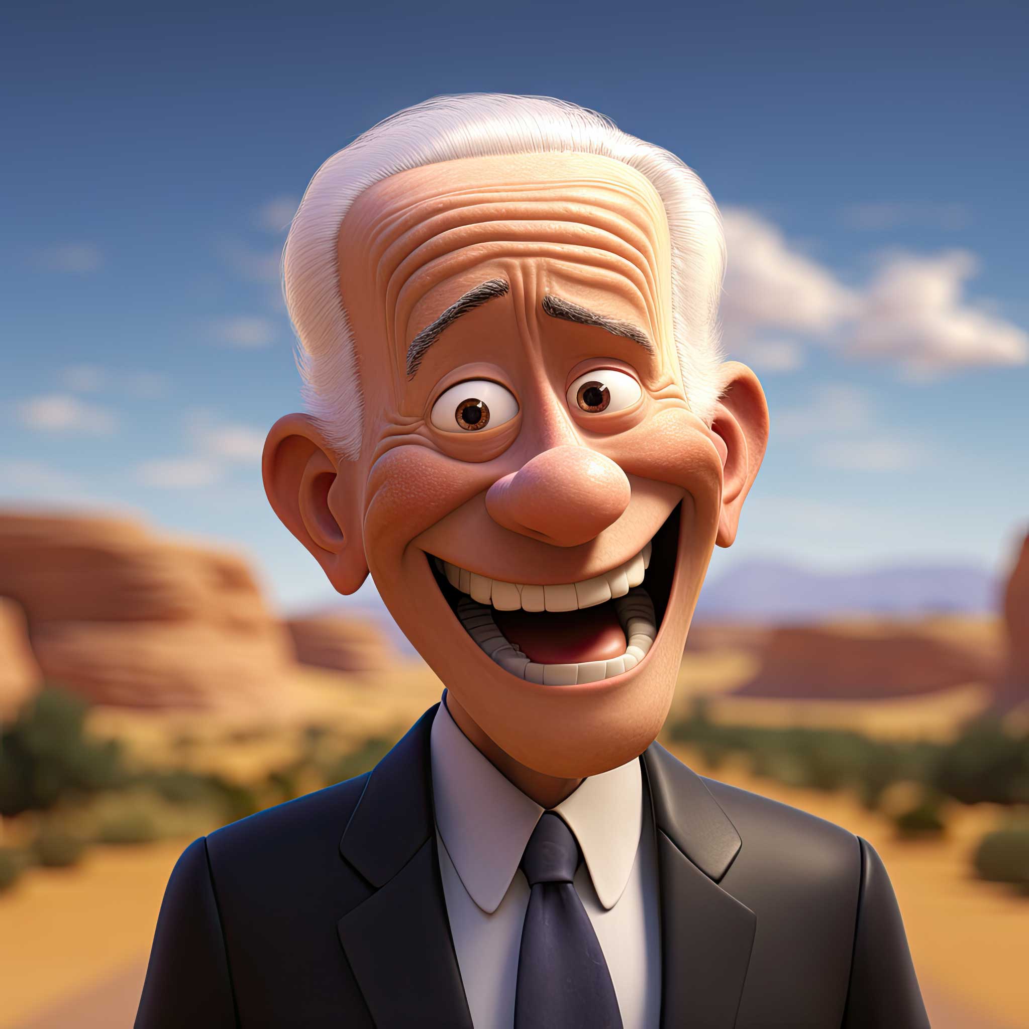 Smiling cartoon businessman in a desert landscape with mesas and blue sky.