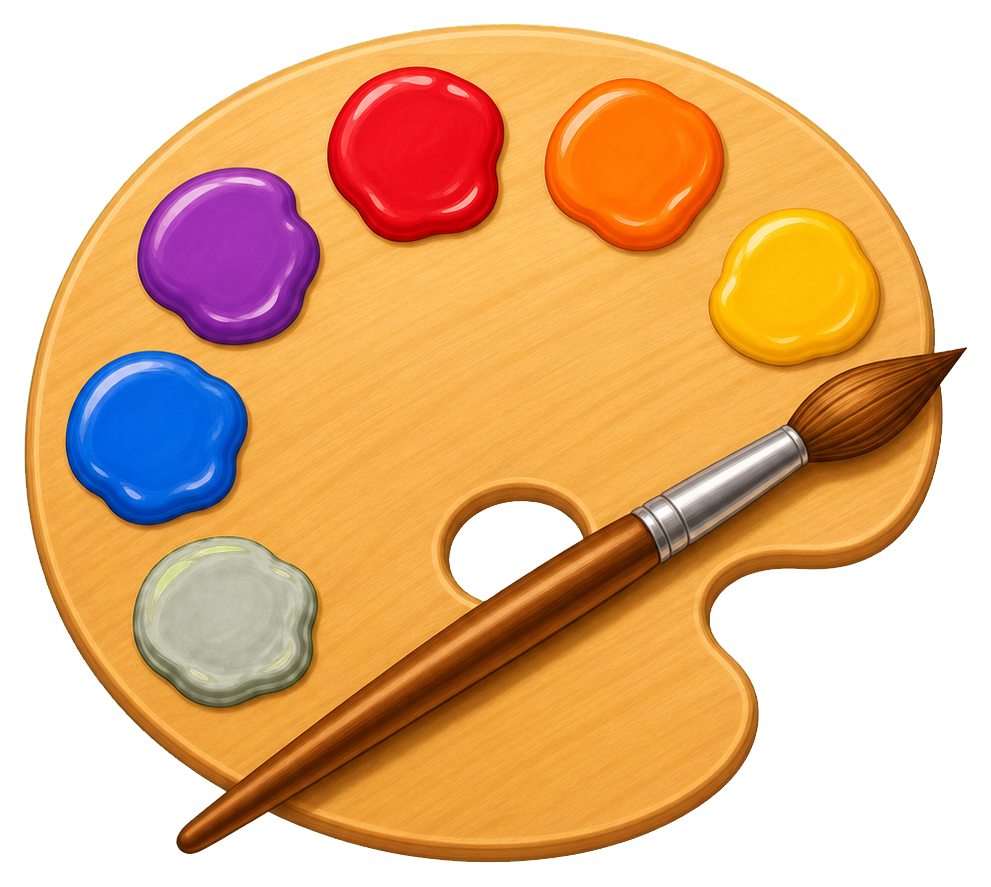 A wooden paint palette with colorful paint blobs and a paintbrush.